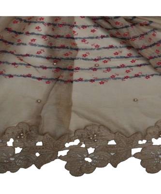Rich Cotton Fabric - Designer Party Wear Ari Work Hijab - Flower Design and Pearls Over The Stole - Brown 4