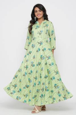 Ardozaa Women's Rayon Printed Flared Long Dress Gown (Green) 1