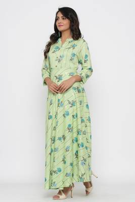 Ardozaa Women's Rayon Printed Flared Long Dress Gown (Green) 2