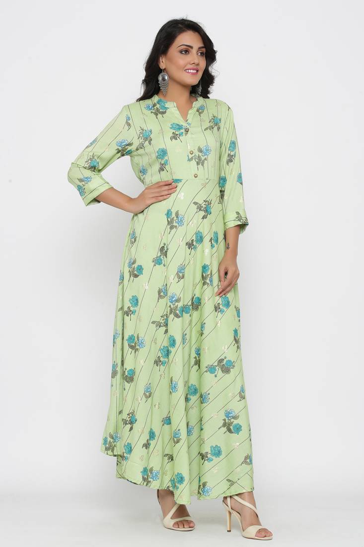 Ardozaa Women's Rayon Printed Flared Long Dress Gown (Green)