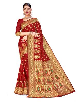 Mehrang Multicolor silk woven sarees with Blouse (Red) 1