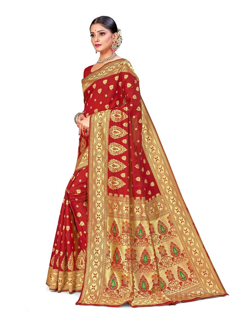 Mehrang Multicolor silk woven sarees with Blouse (Red)