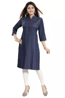 Blue embroidered cotton kurtas-and-kurtis