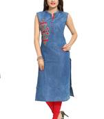 Blue embroidered cotton kurtas-and-kurtis