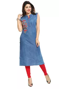 Blue embroidered cotton kurtas-and-kurtis