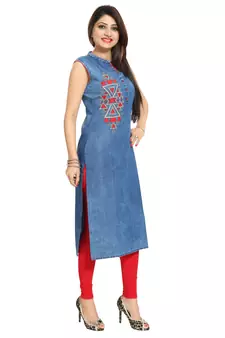 Blue embroidered cotton kurtas-and-kurtis