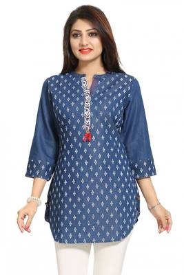 Blue printed cotton short-kurtis 1