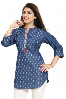 Blue printed cotton short-kurtis 2