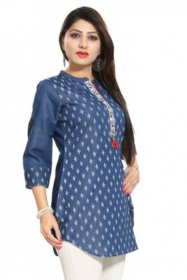 Blue printed cotton short-kurtis 4