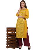 Yellow embroidered viscose rayon embroidered-kurtis