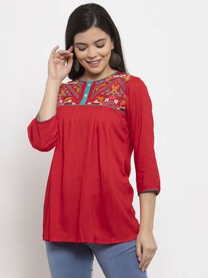 Red embroidered rayon kurtas-and-kurtis 1
