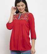 Red embroidered rayon kurtas-and-kurtis