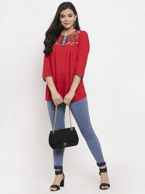 Red embroidered rayon kurtas-and-kurtis 3