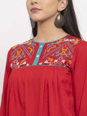 Red embroidered rayon kurtas-and-kurtis 5