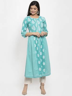 Sea-green printed cotton kurtas-and-kurtis 1