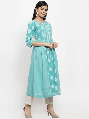 Sea-green printed cotton kurtas-and-kurtis 2