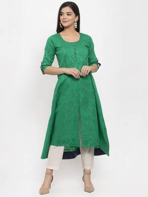 Green plain jacquard kurtas-and-kurtis 1