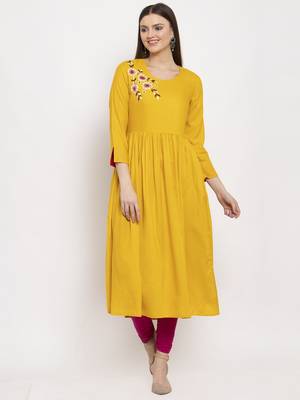 Yellow embroidered rayon kurtas-and-kurtis 1