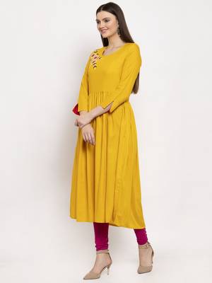 Yellow embroidered rayon kurtas-and-kurtis 2