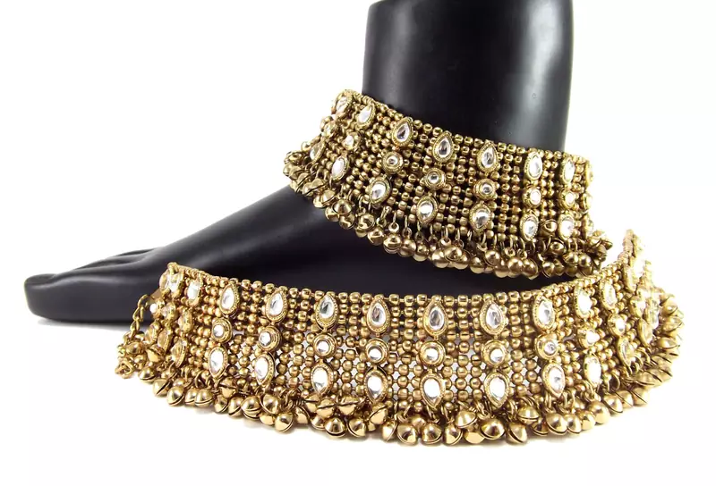 traditional kundan dull gold plated anklet