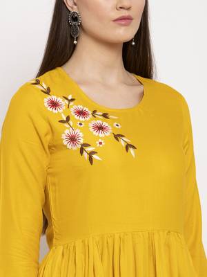 Yellow embroidered rayon kurtas-and-kurtis 4