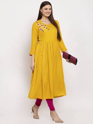 Yellow embroidered rayon kurtas-and-kurtis 5
