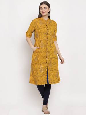 Yellow printed rayon kurtas-and-kurtis 1