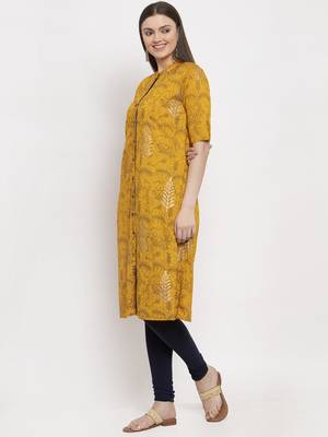 Yellow printed rayon kurtas-and-kurtis 2