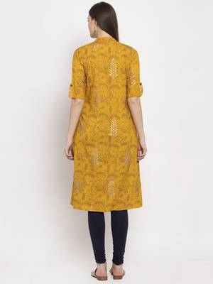 Yellow printed rayon kurtas-and-kurtis 3