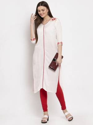 Cream embroidered rayon kurtas-and-kurtis 5