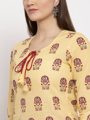 Yellow printed cotton kurtas-and-kurtis 4