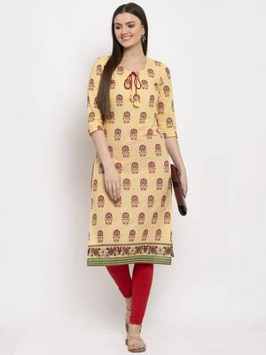 Yellow printed cotton kurtas-and-kurtis 5