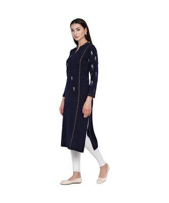 women winter acrylic navy embroidered kurta 3