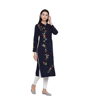 women winter acrylic navy embroidered kurta with bead work 2
