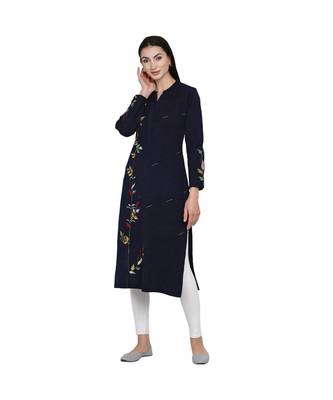 women winter acrylic navy embroidered kurta with bead work 3