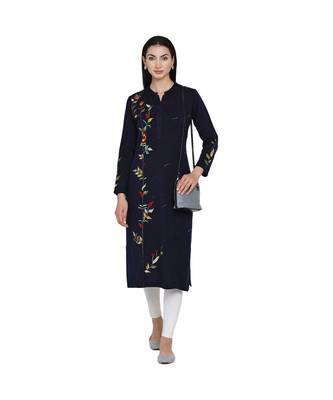 women winter acrylic navy embroidered kurta with bead work 5