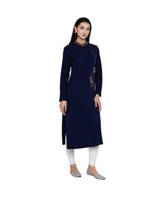 women winter acrylic navy self design embroidered kurta 2