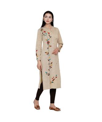 women winter acrylic beige embroidered kurta with bead work 2