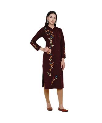 women winter acrylic maroon embroidered kurta with bead work 2