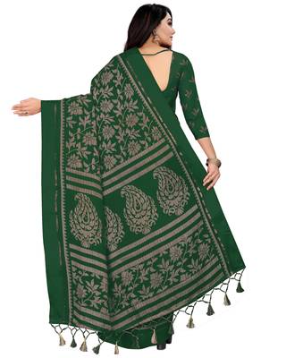 Dark green printed blended cotton saree with blouse 4
