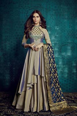 Grey Embroidered Taffeta Silk Party Wear Suit 1