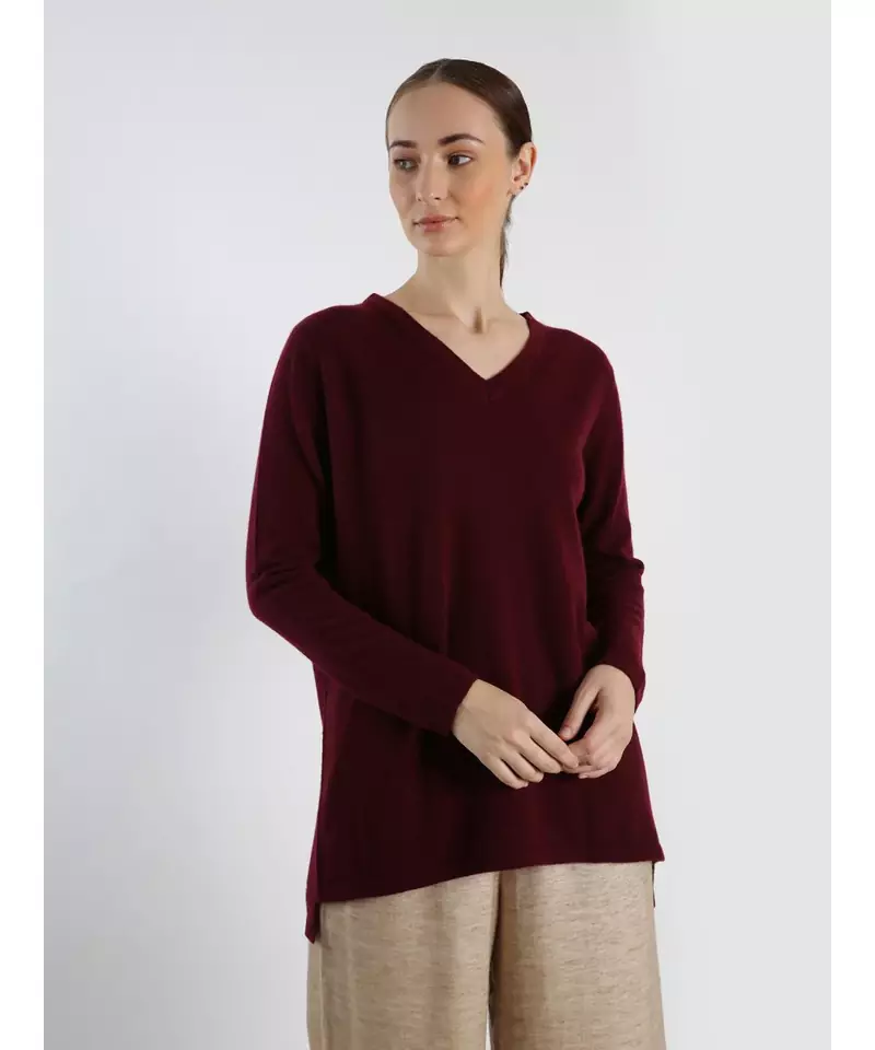 V neckline Cashmere Tunic Fit Sweater
