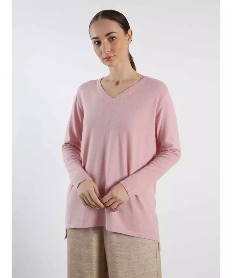 V neckline Cashmere Tunic Fit Sweater
