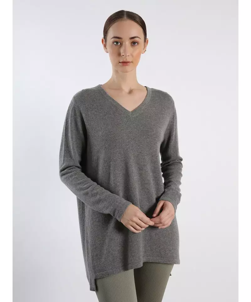 V neckline Cashmere Tunic Fit Sweater