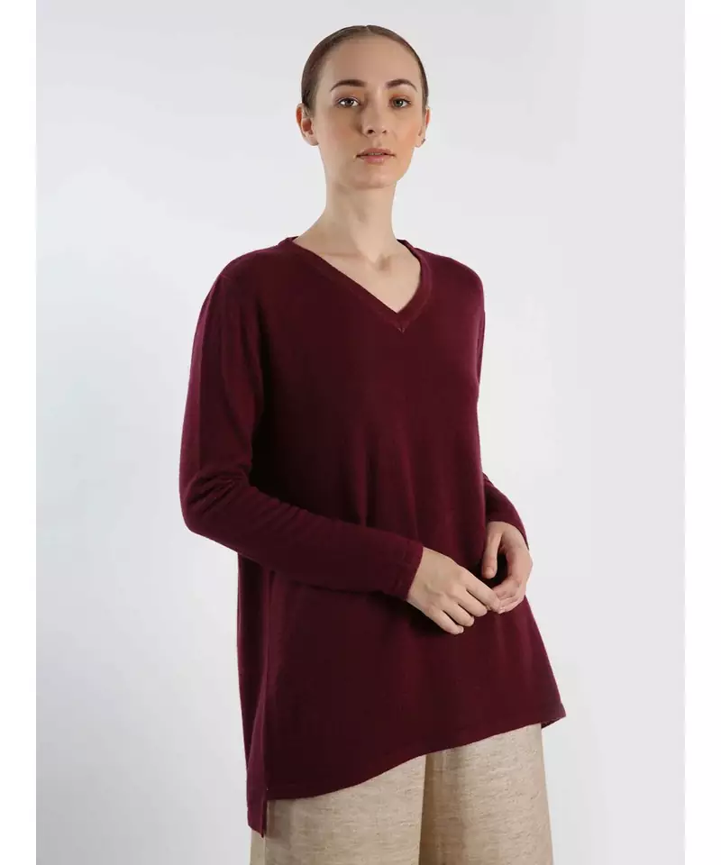 V neckline Cashmere Tunic Fit Sweater