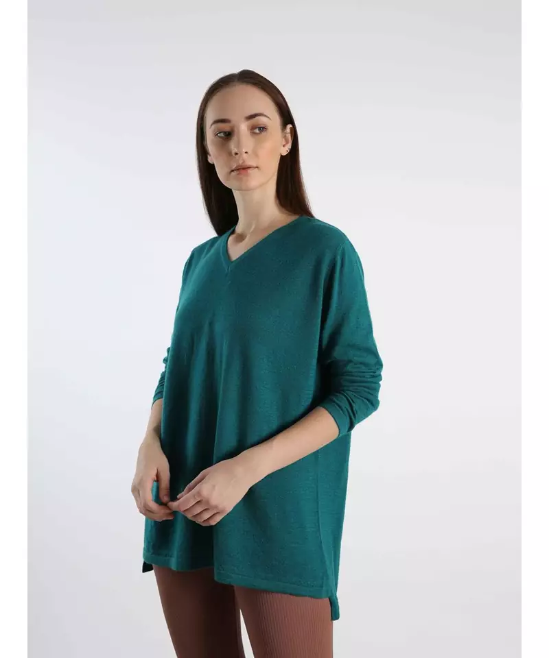 V neckline Cashmere Tunic Fit Sweater