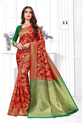 Red woven banarasi saree with blouse 1