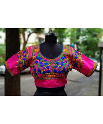 Pink Coloured Based Colourful Embroidery Worked Designer Cotton Blouse 1
