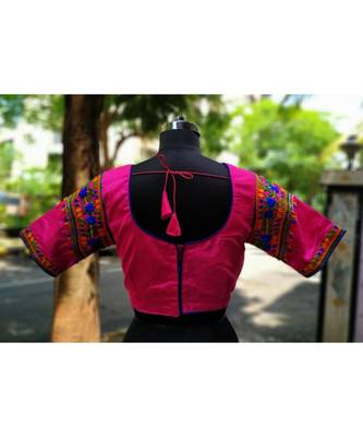 Pink Coloured Based Colourful Embroidery Worked Designer Cotton Blouse 3