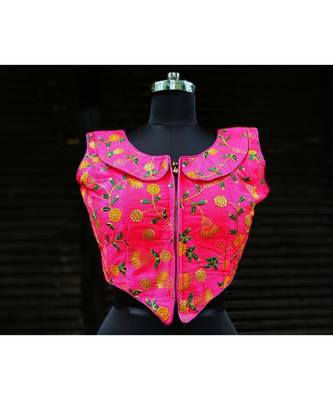 Raw Silk Base Pink Color Embroidered Work Sleeveless Traditional Blouse With Zip At The Front Side 1